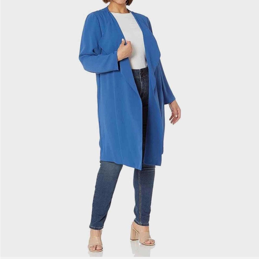 Nine West Open Front Jacket Soft Crepe Blue Long Drape Duster